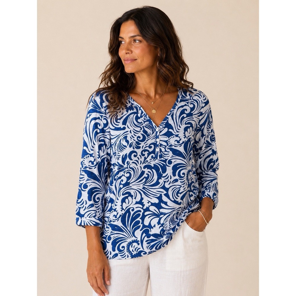 Chico's Women's 3/4 Sleeve Tee Paisley Printed Blue White 1/M Coastal Nautical